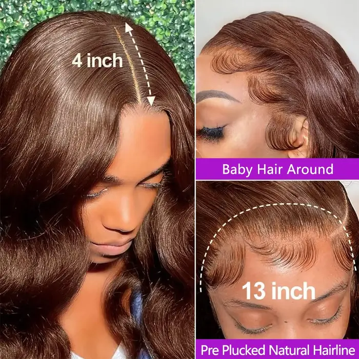 Perruque Lace Front Wig Body Wave brésilienne naturelle, cheveux vierges brun chocolat, pre-plucked,