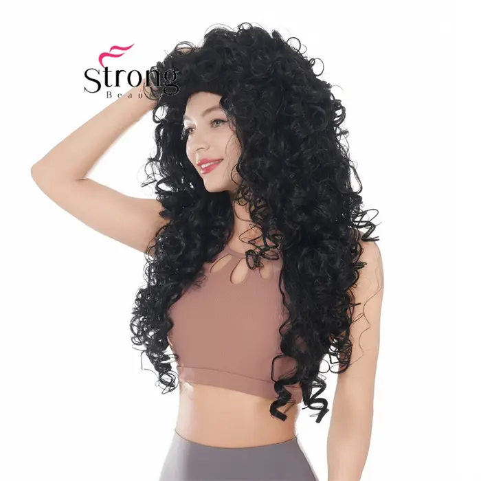 Perruque synthétique bouclée noire 30 pouces