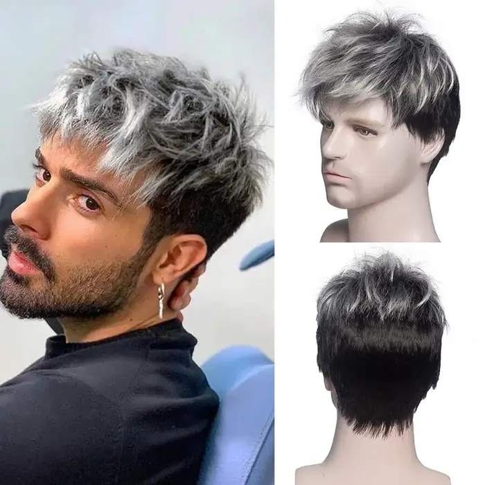MSIWIGS – perruque synthétique courte et lisse pour hommes, perruque ombrée grise brune blanche pour