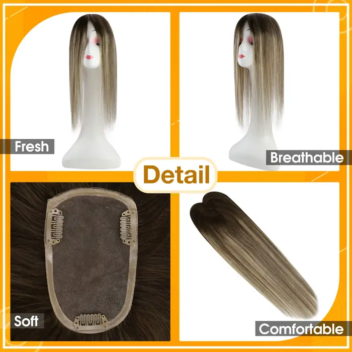 Full Shine Hair Topper pour femme, cheveux humains Remy, cheveux à clip, partie libre, base mono, do