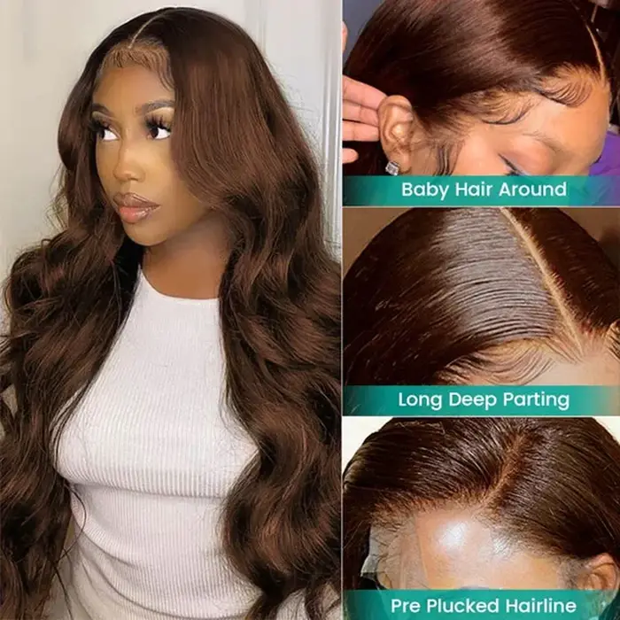 250% 13x 6/13x4 frontale brun chocolat foncé HD dentelle perruque cheveux brésiliens vague de corps 
