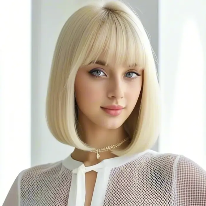 Luxueuse perruque synthétique à frange dorée de 12 pouces avec une texture élégante et volumineuse pour un usage quotidien et une occasion spéciale.