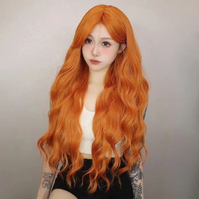 Perruque Synthétique Longue Ondulée Orange pour Femme, Cheveux Naturels Ondulés avec Longue Frange,