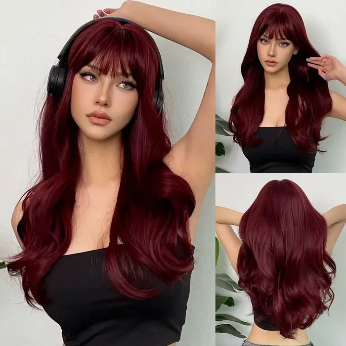 Grande perruque synthétique rouge bordeaux pour Halloween, cosplay, jeux de rôle, fêtes quotidiennes