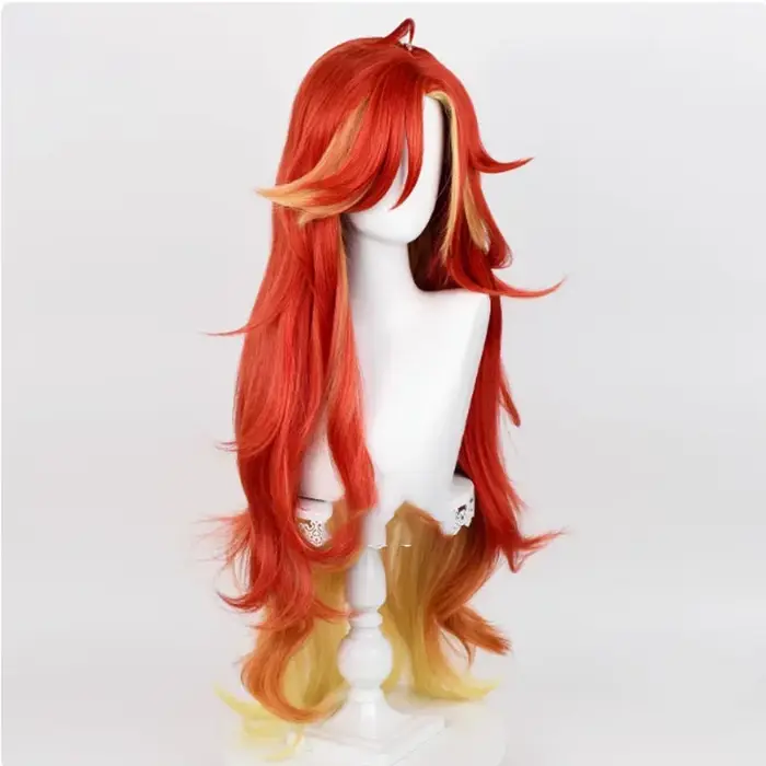 Pyro Archon Mavuika Cosplay perruque 100 cm longue vague bouclée rouge jaune mixte