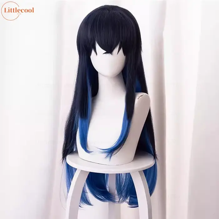 Perruque de Cosplay Hashibira Inosuke de haute qualité 70 cm longue ligne droite Ombre bleu résistant à la chaleur cheveux synthétiques Coser Anime perruques + bonnet de perruque