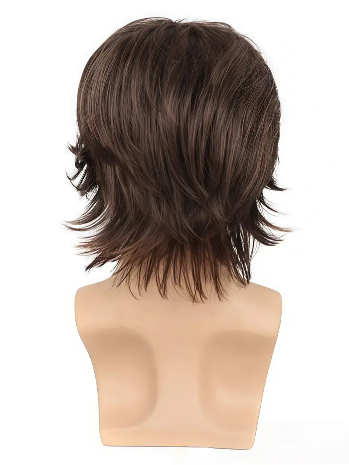 Perruque brune à couches coupées style loup pour hommes