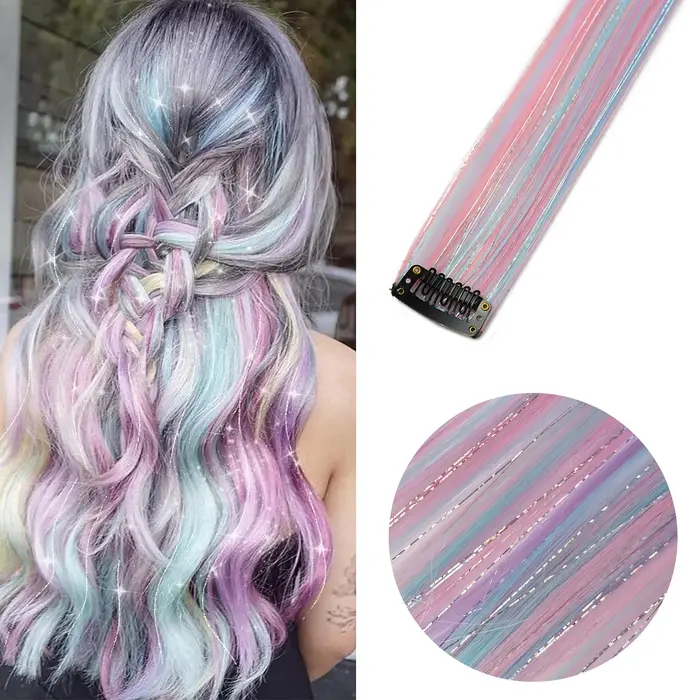 Extensions de cheveux synthétiques à clips licorne colorées, tinsels argentés mélangés, arc-en-ciel,