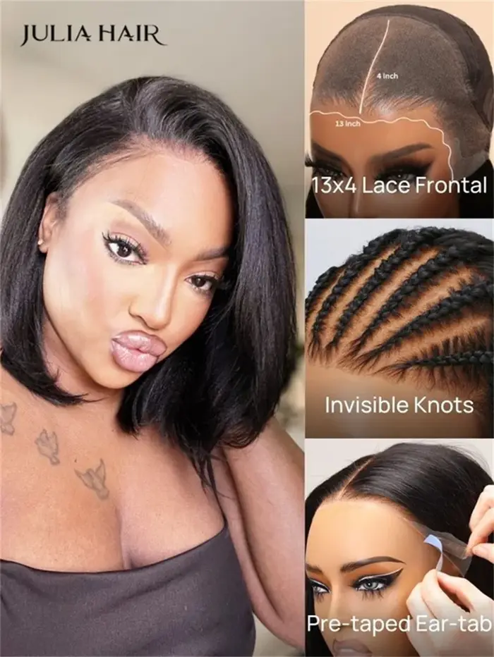 Julia Hair 13x4 7x5 Yaki droite Bob sans colle perruque Bye Bye noeuds dentelle frontale