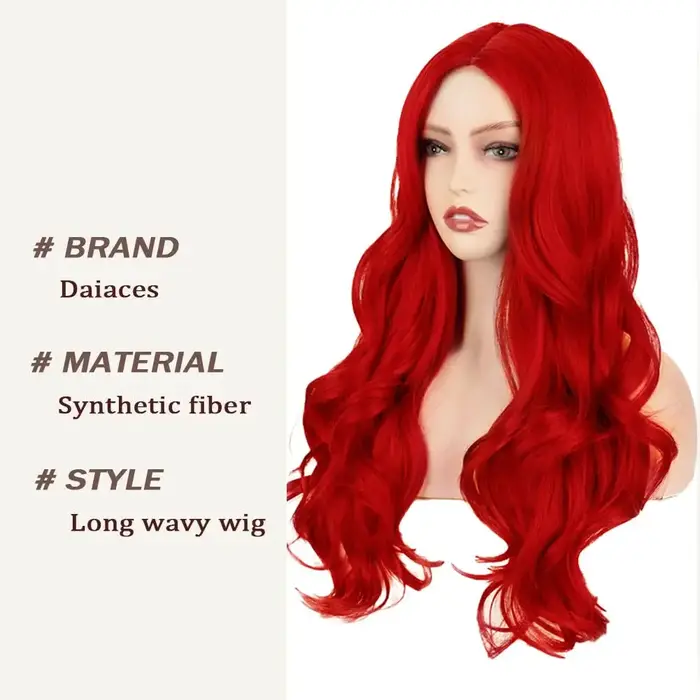 Perruque synthétique rouge à grandes boucles pour cosplay d'Halloween. Convient pour un usage quotidien. Livré avec un bonnet chauffant pour cheveux.