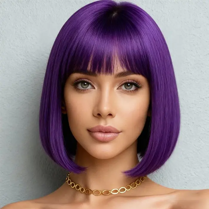 Perruque violette de 12 pouces avec frange, en matériau synthétique en fibre haute température, adap