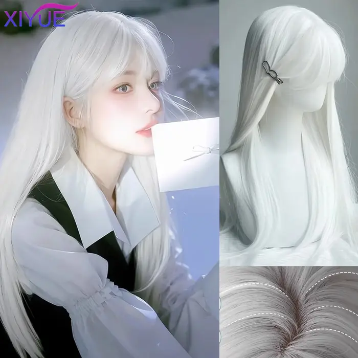 XIYUE – perruques synthétiques longues et lisses blanches pour femmes, faux cheveux colorés de fête 