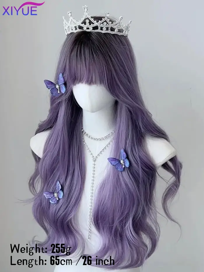 XIY – perruque synthétique longue ondulée avec frange, cheveux bouclés noirs dégradés violets pour f