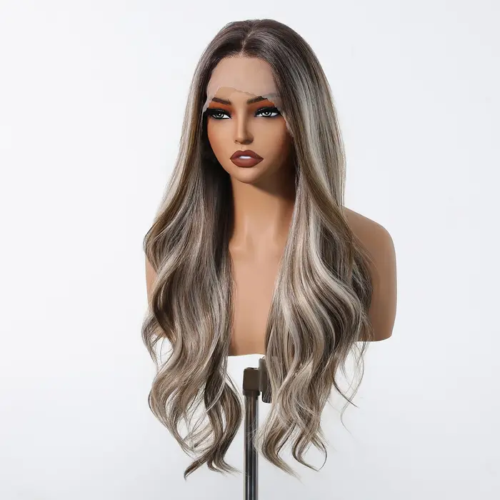 DWY – perruque Lace Front Wig synthétique à reflets bruns et blonds, longue et ondulée, 13x6, avec raie libre, naturelle, résistante à la chaleur, pour femmes