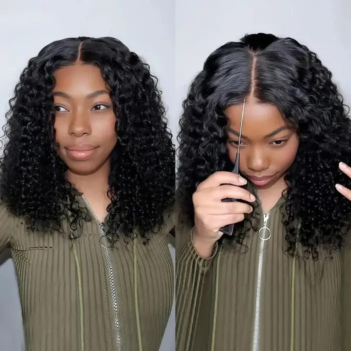Perruque Bob Courte Sans Colle 200 Densité, 12 Pouces, Ondulée Profonde, Lace Front, Cheveux Humains