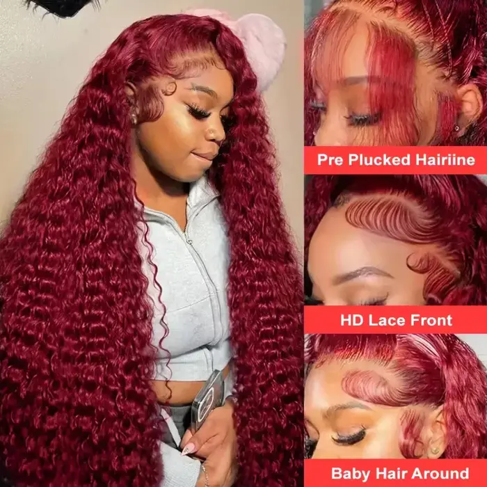 Perruques Lace Front HD 13x6 en Cheveux Humains, Ondulation Profonde Bourgogne 99J, Dentelle Transpa