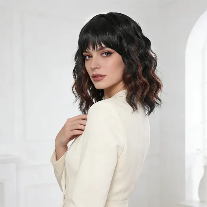 Perruque courte bouclée noire naturelle pour femmes - Bob ondulé longueur épaule avec frange | Cheveux synthétiques