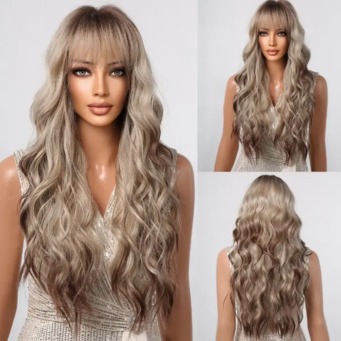 Perruque synthétique longue ondulée Blonde platine 613, avec frange, bouclée, mixte dorée, pour femm