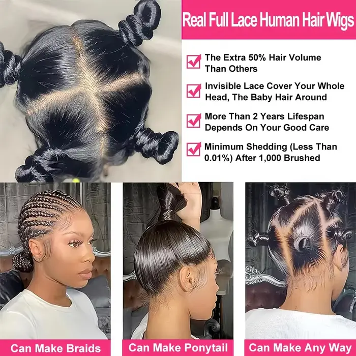 Perruque Full Lace Wig naturelle brésilienne lisse, cheveux lisses, densité 250, pre-plucked, 360 HD