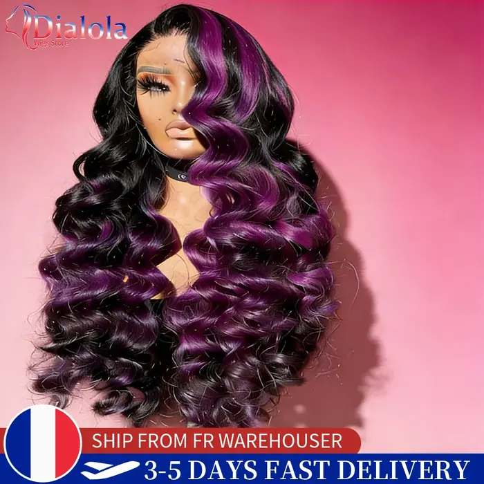 Perruque Dialola 13x6 13x4 HD Transparente en Dentelle Frontale, Cheveux Humains, Violet Foncé avec 