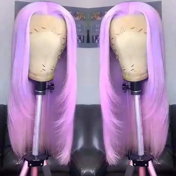 Perruque Lace Frontal Wig synthétique lisse violet clair, 13x4 HD, pre-plucked, haute qualité, résis