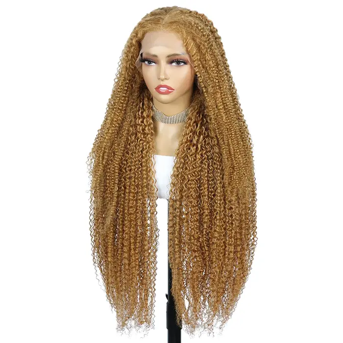 Perruques avant en dentelle 13x4 blond miel bouclés crépus # 27 perruques de cheveux humains crépus