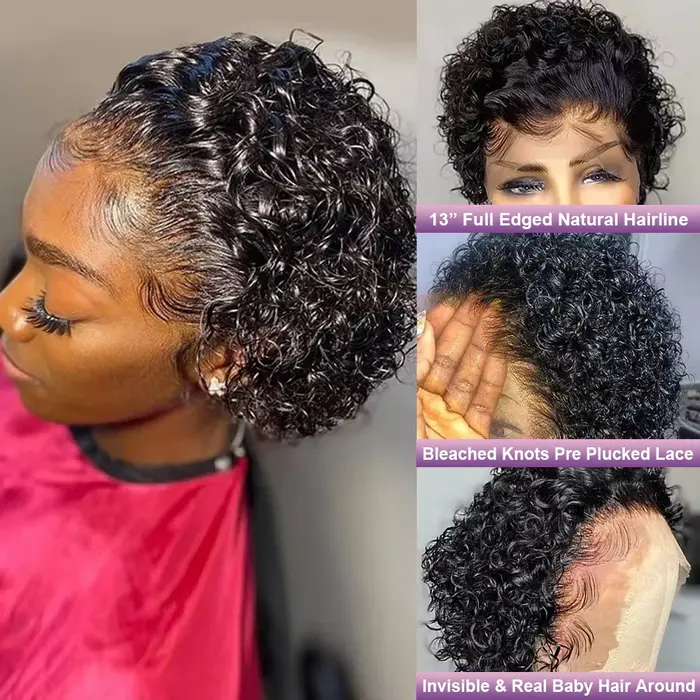 Perruques Courtes Bouclées Pixie Cut en Cheveux Humains