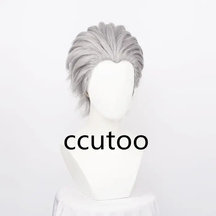 Perruque de Cosplay synthétique Vergil pour hommes, cheveux courts gris argenté, lisses au dos, résistants à la chaleur + bonnet de perruque