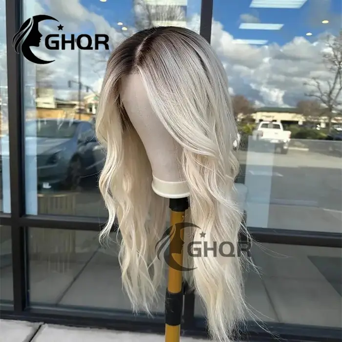 Perruques blond platine cheveux humains vague naturelle 13x4 avant de lacet perruques brun racines f