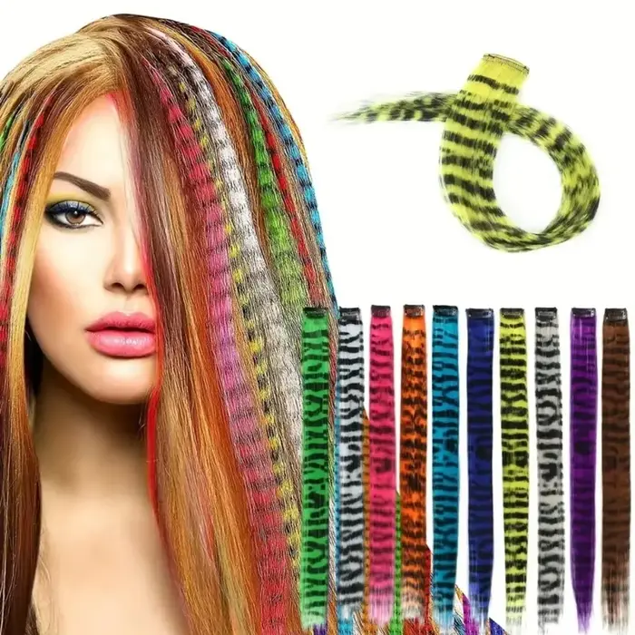 Extensions capillaires synthétiques colorées à clips imprimés à rayures