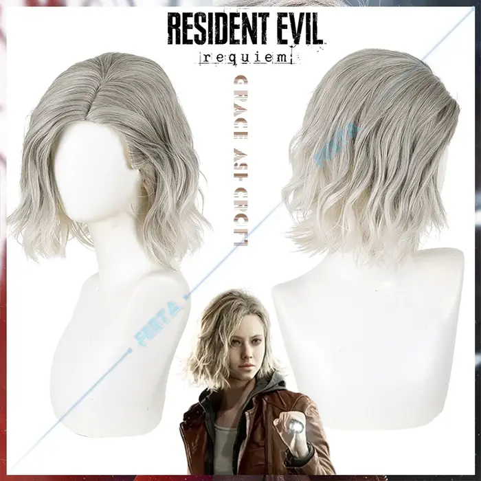 Perruque de cosplay Resident Evil Requiem Grace Ashcroft pour femme, cheveux courts ondulés gris cen