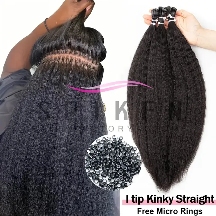Extensions de cheveux humains naturels noirs, lisses et crépus, à pointe en I, micro-liens, Yaki lis