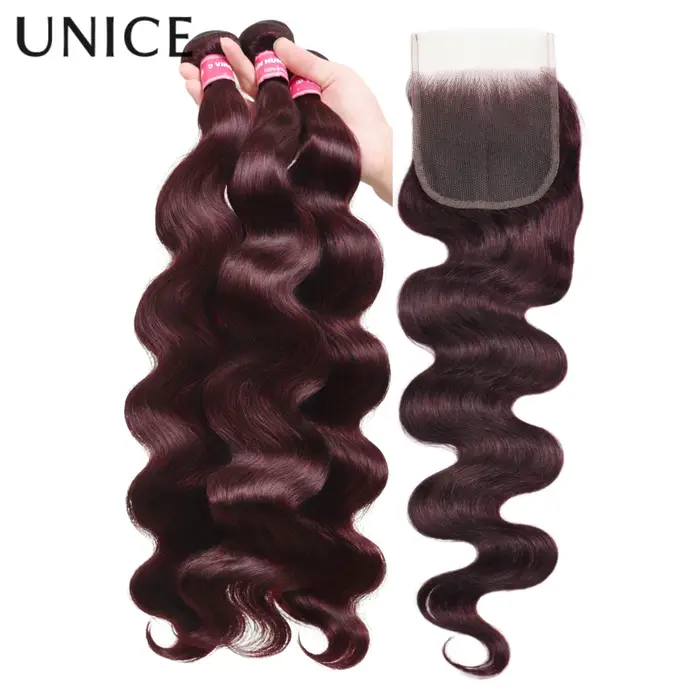 UNice noir cerise corps vague paquets 2/3/4 pièces avec 1 PC 4x4 pouces dentelle fermeture pré color