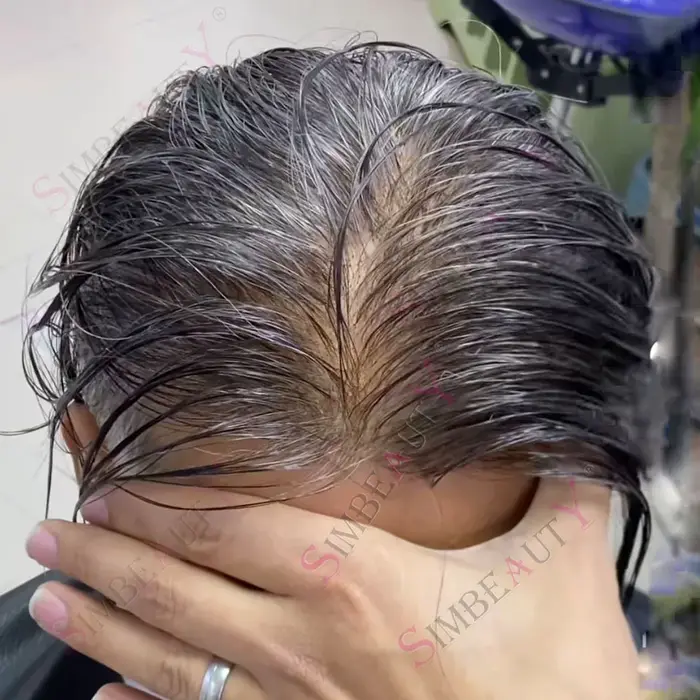 80% densité cheveux humains naturels blond platine Invisible 0.02mm peau Super fine blanc gris 1B50 