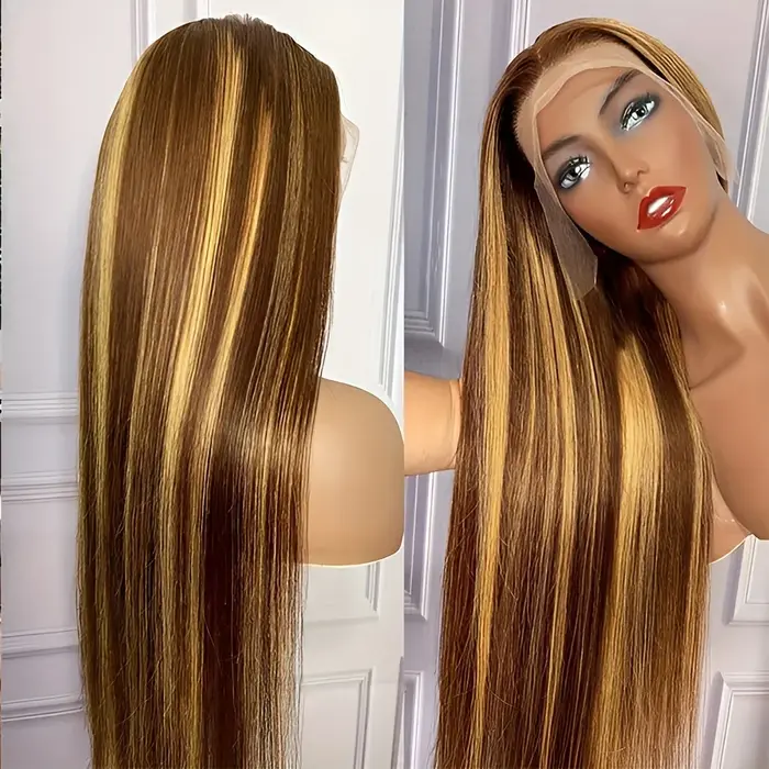 Perruque frontale Dialola P4/27 Highlight Honey Blonde, pré-épilée, colorée, lisse, avec dentelle HD