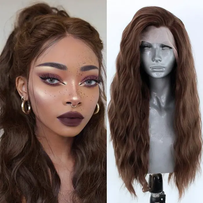 AIMEYA perruque Lace Front Wig synthétique longue ondulée perruque de cheveux bruns synthétiques per