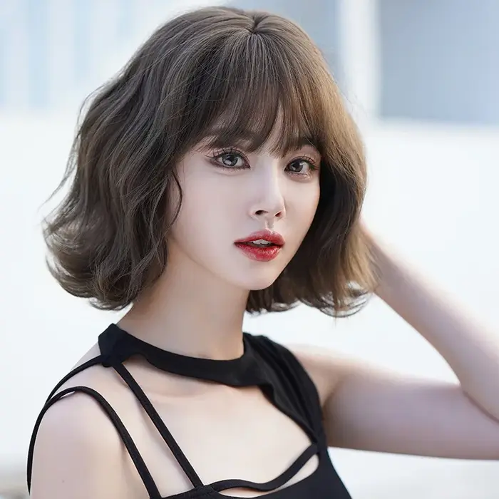 Perruque courte femme avec frange moelleux naturel bouclés ondulés Bob perruques pour femmes longueur d'épaule