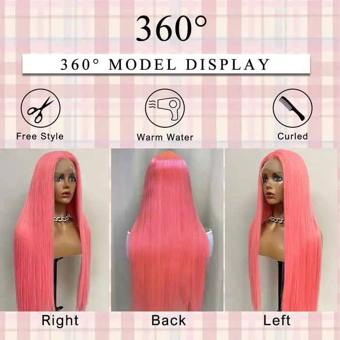Perruque Lace Front Wig naturelle lisse rose 13x6 Hd, cheveux humains, 30 pouces, pre-plucked, densi