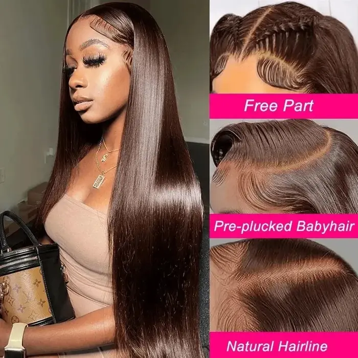 Perruques brésiliennes en cheveux humains lisses brun chocolat de 34-36 pouces, perruque frontale en