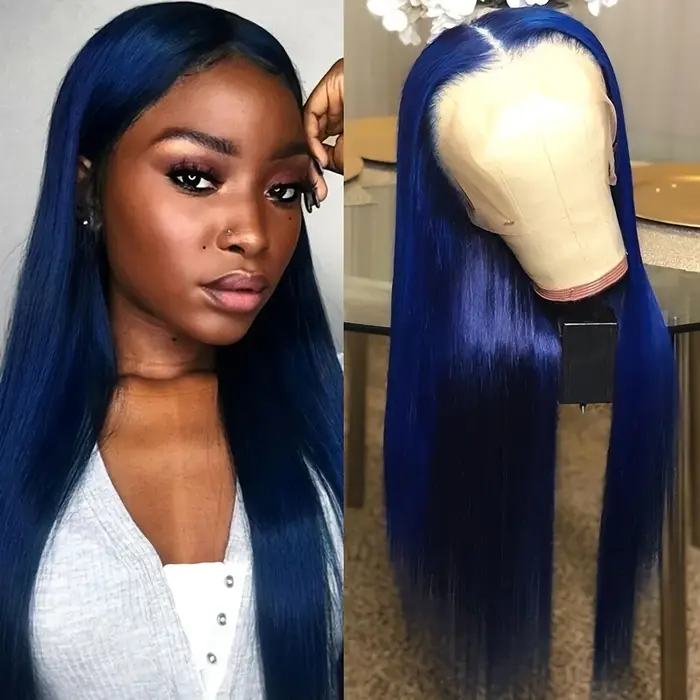 Perruque bleu nuit longue et droite avec dentelle frontale 13x4 HD