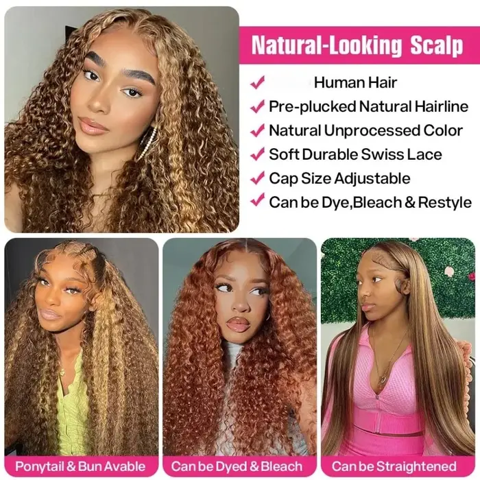 Perruque Lace Front Wig 360 naturelle bouclée, cheveux humains, pre-plucked, Hd, Deep Wave, avec cor