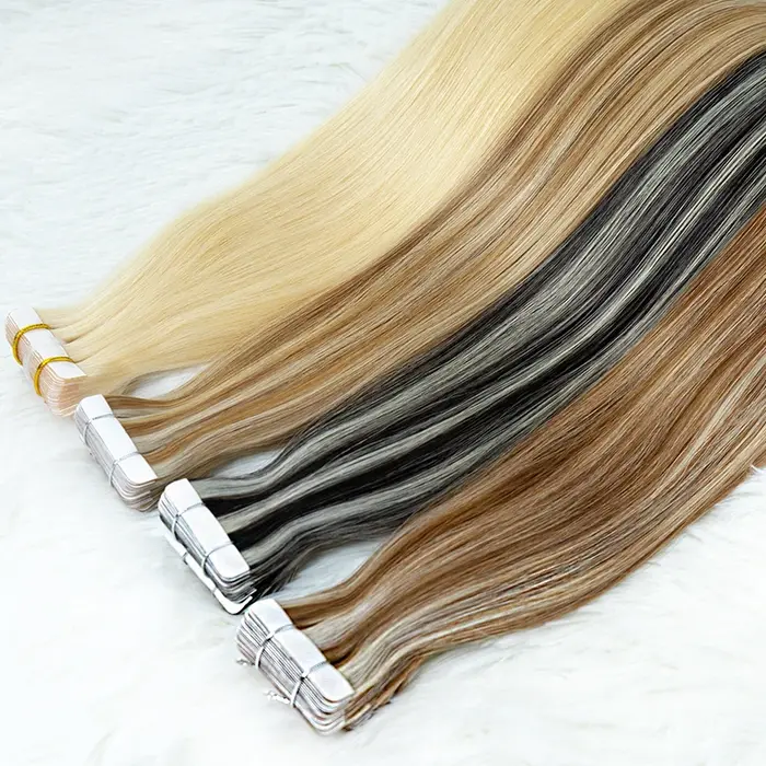 Extensions de cheveux blondes à bandes adhésives invisibles en cheveux humains, trame de peau en PU, 20 pièces, longueur 18-30 pouces, installation facile