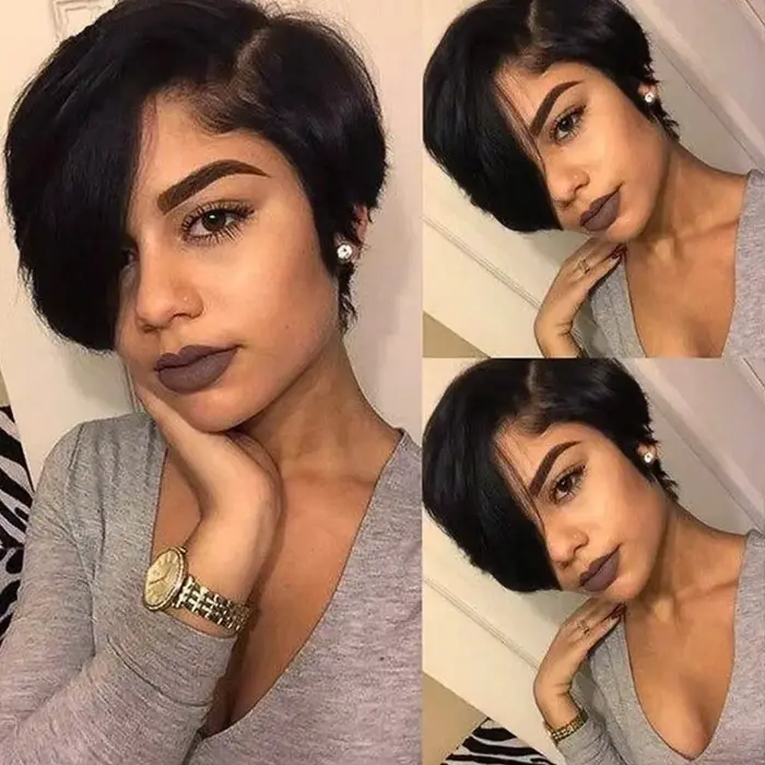 Perruques coupe lutin pour femmes noires cheveux humains 6 pouces