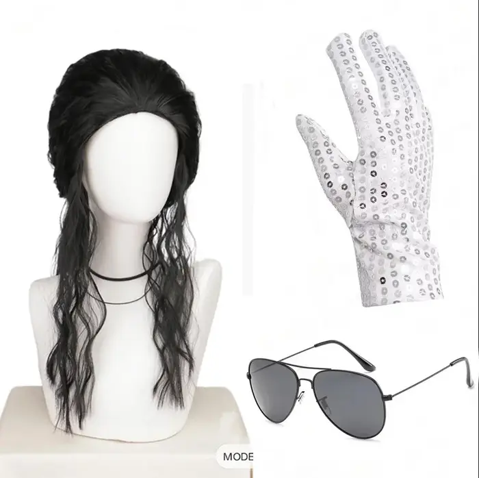 Perruque synthétique noire pour homme, style mulet, avec lunettes et gants, longue et bouclée, année