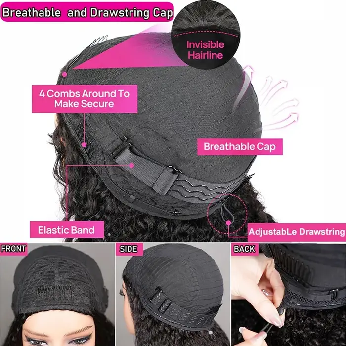 Demi-perruque 3-en-1 avec cordon de serrage, demi-perruque bouclée birmane à porter sur le côté, perruque sans colle, cheveux humains bruts, prête à porter, demi-perruque à ondulations profondes
