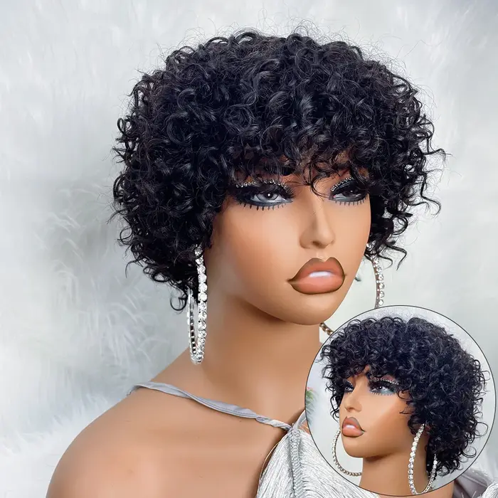 Perruques de cheveux humains coupe lutin pour les femmes noires Afro Rose bouclés Funmi
