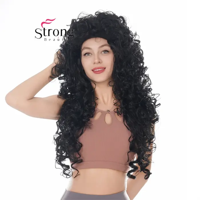 Perruque synthétique bouclée noire 30 pouces, perruque complète avec capuchon classique