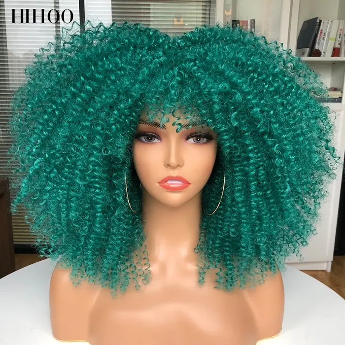 Perruques courtes Afro cheveux crépus bouclés perruques avec frange pour les femmes noires Cosplay L