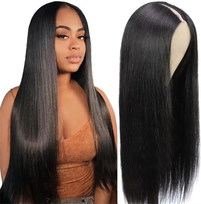 Perruques de cheveux humains lisses avec partie en V pour femmes, cheveux Remy brésiliens, couleur n