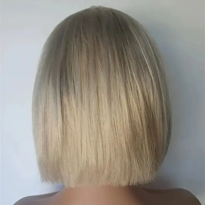 Perruque Bob Lace Frontal Wig synthétique courte et lisse, blond platine ombré, perruque Lace Fronta